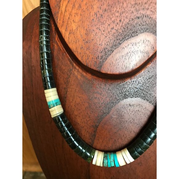 Vtg Heishi Necklace Shell Disc & Turquoise Beads With Various Other Gemstones - Picture 4 of 9